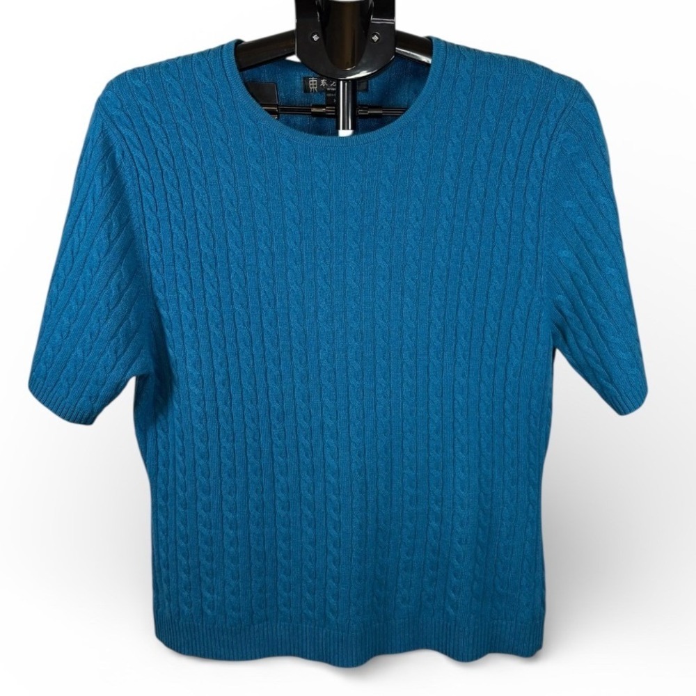 Yeyang Cashmere Teal Blue Cable Knit Short Sleeve Sweater Womens XL 100% Pure